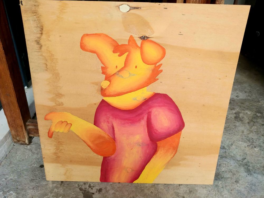 Vibrant ink on wood board of a anthro dog man