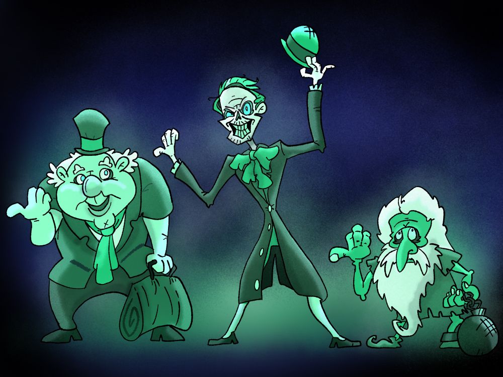 Art of the three Hitchhiking ghosts from Disney’s haunted mansion. From left to right: Phineas, Ezra, then Gus
