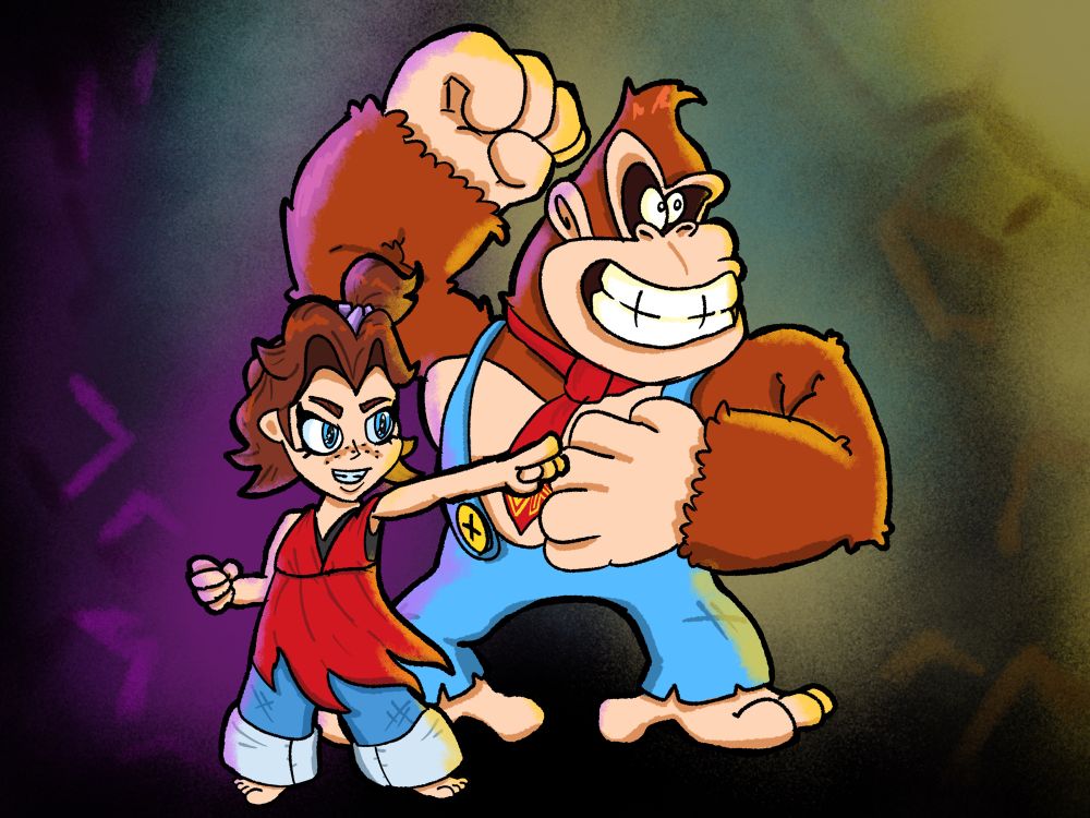 My art of Donkey Kong and Pauline from Bananza.
Pauline commands DK forward as He prepares to probably punch something.