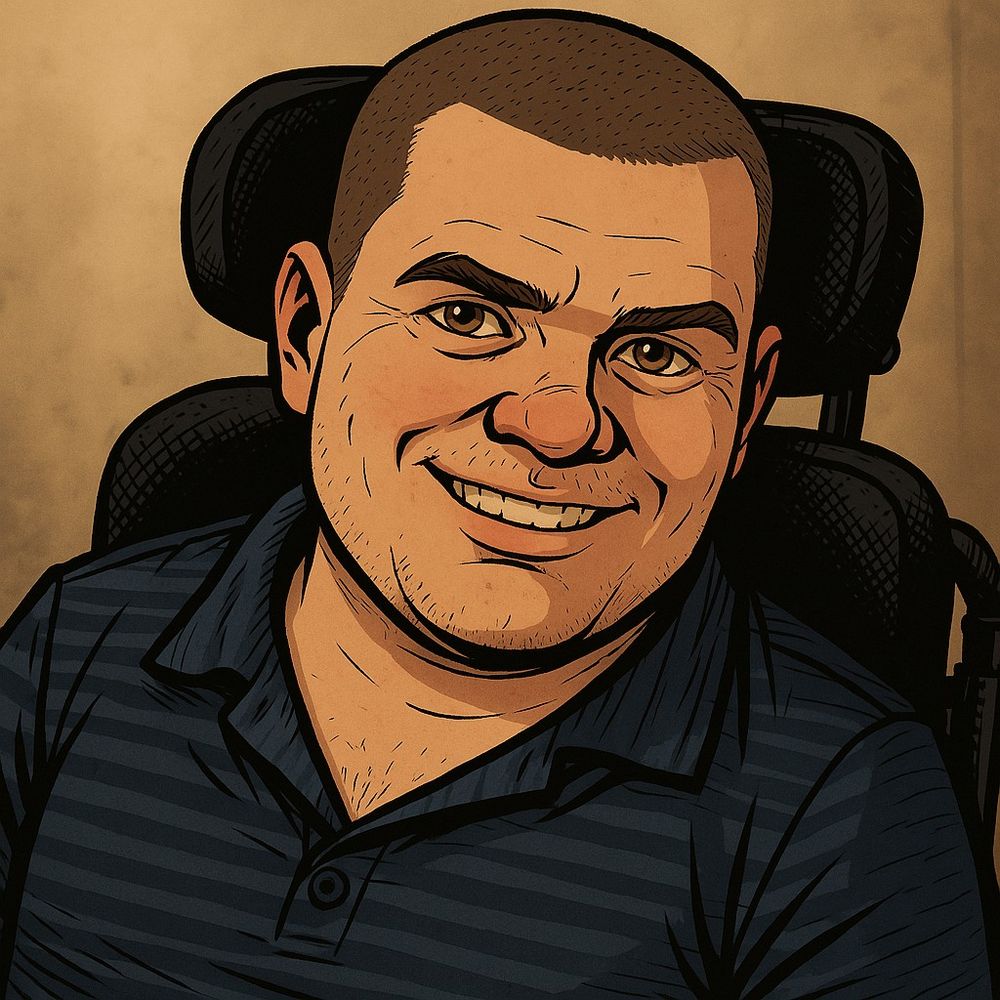 A stylized cartoon portrait of a smiling man with a buzzed haircut and heart-shaped eyes, rendered in the Telltale Games style. Bold outlines and warm tones highlight his confident demeanor and playful energy.