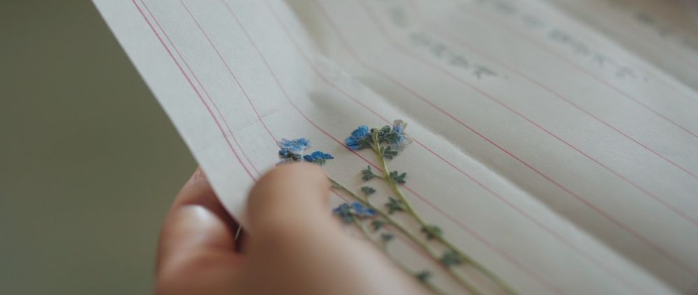 screencap from jeongnyeon: the star is born, jooran sends jeongnyeon a letter to wish her luck in the new production and signs it off with a pressed forget me not flower. 