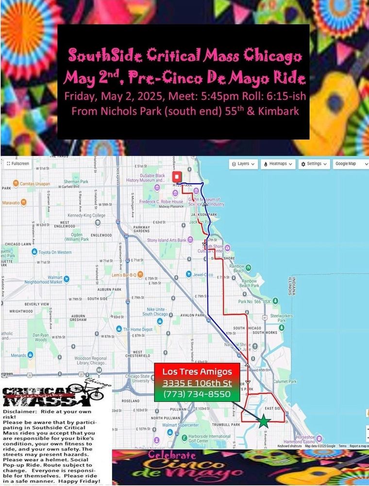 Flyer for south side critical mass. Meets Friday May 2 at 5:45pm rolls at 6:15pm. From Nichols park in Hyde park, Chicago. 5500 s Kimbark Ave