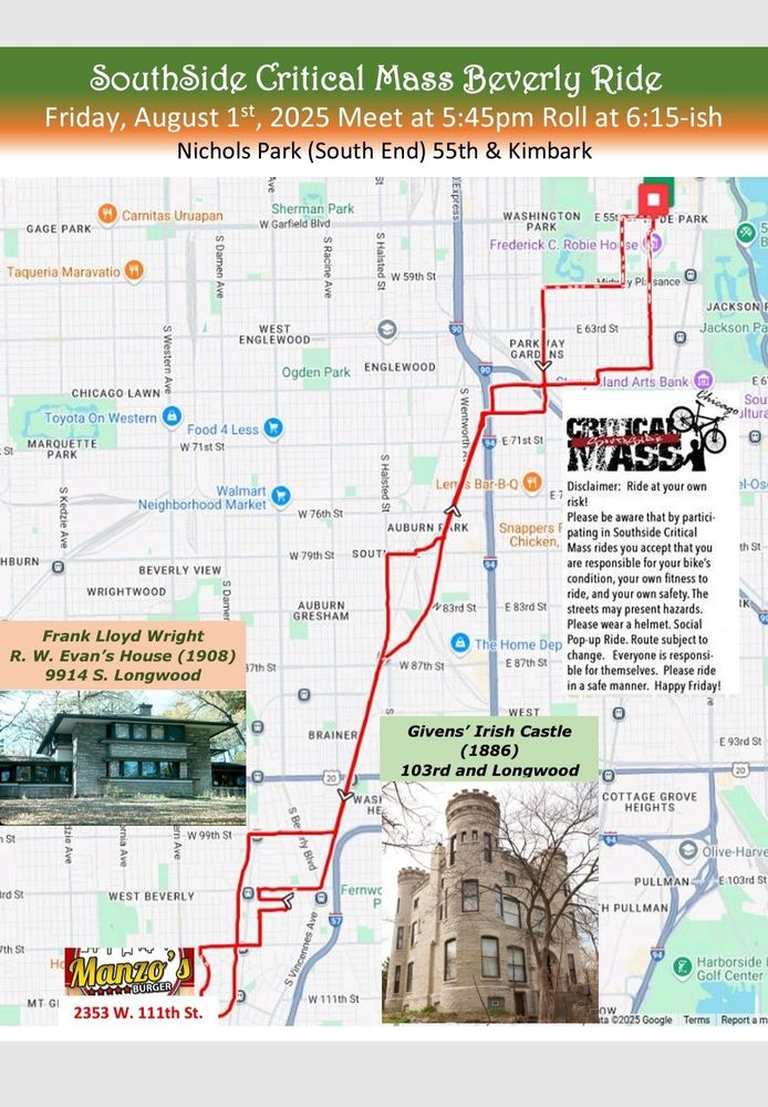 group bicycle ride poster for "Southside critical Mass" Friday August 1, 2025. Meet at 5:45pm, roll at 6:15-ish. Nichols Park (South end) 55th and Kimbark Ave. riding to Beverly/Morgan Park for Manzo's Burgers, 2353 W 111th St, and then back to the starting point.