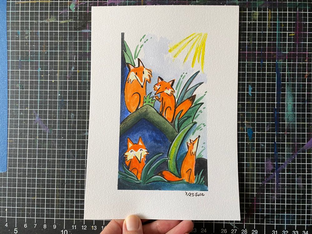 Ein Bild mit Gouache gemalt, mit 4 Füchsen und Strüppi. Inspiriert von "Vier Füchse" von Franz Marc.
