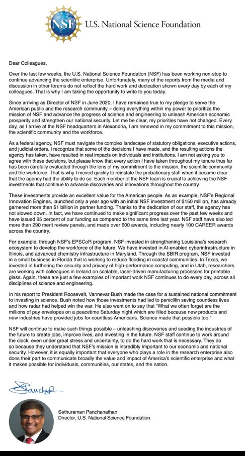 Long letter from NSF Director Sethuraman Panchanathan, available here: https://nsf-gov-resources.nsf.gov/files/Letter-to-the-Community.pdf