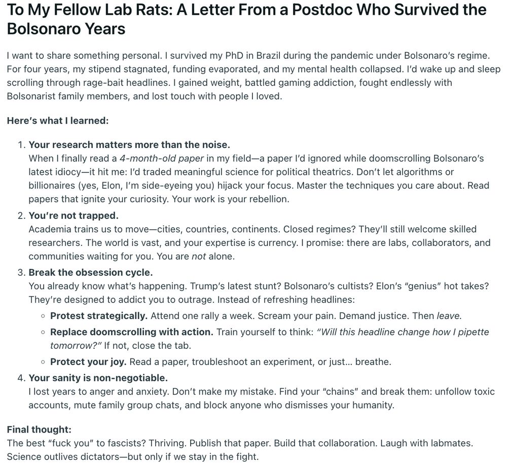 Text from the post, "To My Fellow Lab Rats: A Letter From a Postdoc Who Survived the Bolsonaro Years"