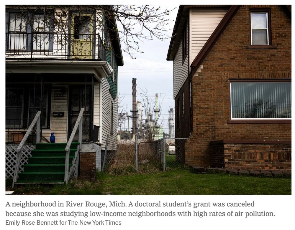 A neighborhood in River Rouge, Mich. A doctoral student’s grant was canceled because she was studying low-income neighborhoods with high rates of air pollution.