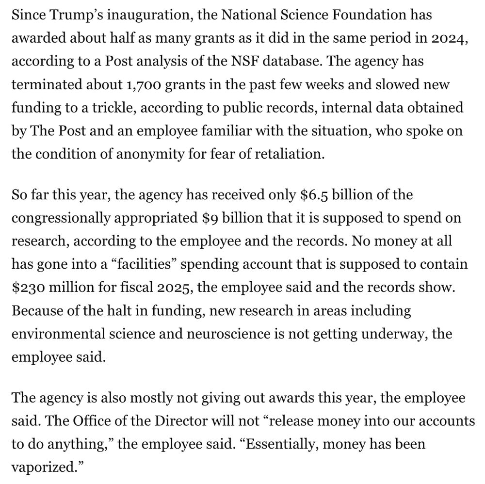 Since Trump’s inauguration, the National Science Foundation has awarded about half as many grants as it did in the same period in 2024, according to a Post analysis of the NSF database. The agency has terminated about 1,700 grants in the past few weeks and slowed new funding to a trickle, according to public records, internal data obtained by The Post and an employee familiar with the situation, who spoke on the condition of anonymity for fear of retaliation.

So far this year, the agency has received only $6.5 billion of the congressionally appropriated $9 billion that it is supposed to spend on research, according to the employee and the records. No money at all has gone into a “facilities” spending account that is supposed to contain $230 million for fiscal 2025, the employee said and the records show. Because of the halt in funding, new research in areas including environmental science and neuroscience is not getting underway, the employee said.

The agency is also mostly not giving out awards this year, the employee said. The Office of the Director will not “release money into our accounts to do anything,” the employee said. “Essentially, money has been vaporized.”