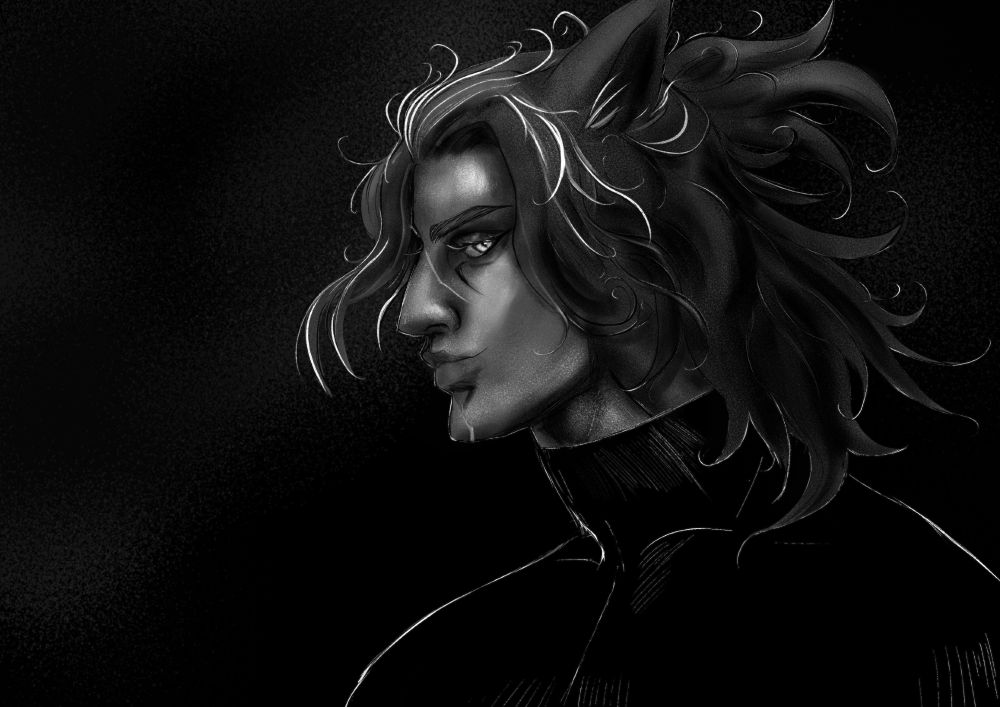 black and white portrait of an elezen in profile. He wears a black turtleneck and his hair is pulled up loose bun. He gives the viewer a sideway glance with a smile. 
