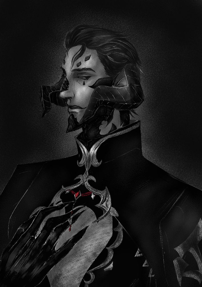 Portrait of a xaela in black and white. His gloved hand plays with a ruby jewelry fastened just above his chest. 