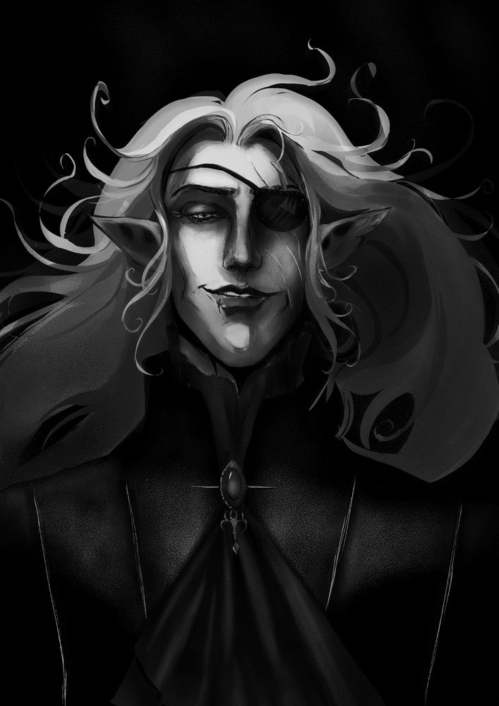 portrait of an eyepatch-wearing elven man as he jeers down at the viewer. Wind blow through his light hair. Character belongs to astreux.bsky.social