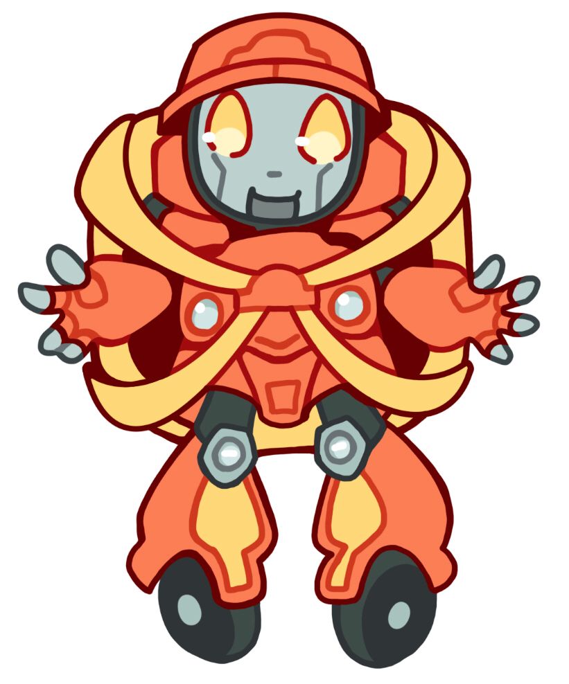 redesign of wheelie from transformers g1. hes orange and yellow and is themed based on a little tikes cozy coupe kid’s car. the hood of the car serves as a backpack in his robot mode. he’s smiling and has an energetic disposition.