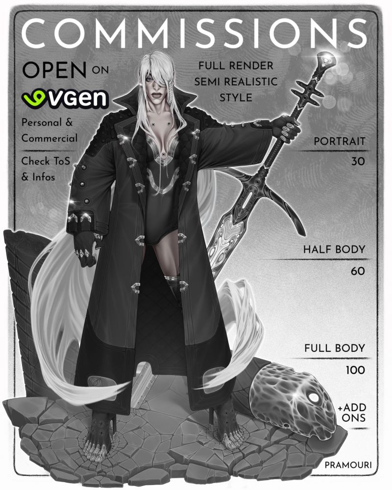 Cards promoting Pramouri’s commission information, showcasing examples of detailed full-render, semi-realistic artworks. The post presents the type of illustrations the artist offers for commissions, available for both personal and commercial use. Subjects include original characters, fanart, or depictions of real people. Each piece highlights Pramouri’s highly detailed digital painting style, blending sci-fi and dark fantasy aesthetics. Ideal for book and music album covers, creative projects, streaming content, or simply for fun. Made 100% by human using Procreate.