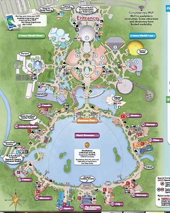 A park map of EPCOT, which covers 305 acres. 