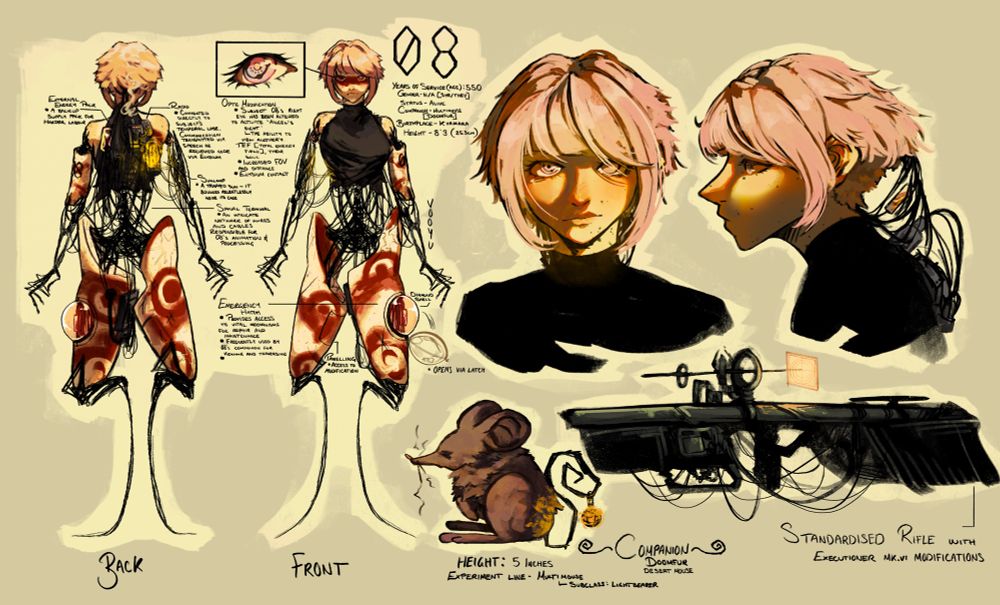 08
Years of Service (age): 550
Gender: N/A [she/they]
Status: Alive
Companion: Multimouse [Doomfur]
Birthplace: Kyrmara
Height: 8’3 (253cm)

[Left to right]
External energy pack • A backup supply pack for hard labour

Radio • connected directly to subjects temporal lobe. Communication transmitted via speech or received code via Elysium 

Sunlamp • A trapped sun - it bounces relentlessly inside its cage

Spinal Terminal • An intricate network of wires and cables responsible or 08’s animation and processing

Optic modification • Subject 08’s right eye has been altered to activate ‘angel’s sight’ - the ability to view another’s TEF (total energy field), their soul • Increased FOV and distance •  Elysium contact

Emergency Hatch • Provides access to vital mechanisms for repair and maintenance • Frequently used by 08’s companion for viewing and traversing • Diamond Shell • Opens via latch

Panelling • Access to modification

Companion Doomfur • Desert mouse • Height: 5 inches • Experiment line - Multimouse _ subclass: lightbearer

Standardised rifle with Executioner MK.VI modifications