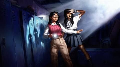 Cover art of Fear the Spotlight, showing two people looking into a bright light shining on to them, casting scary shadows on lockers behind them. 