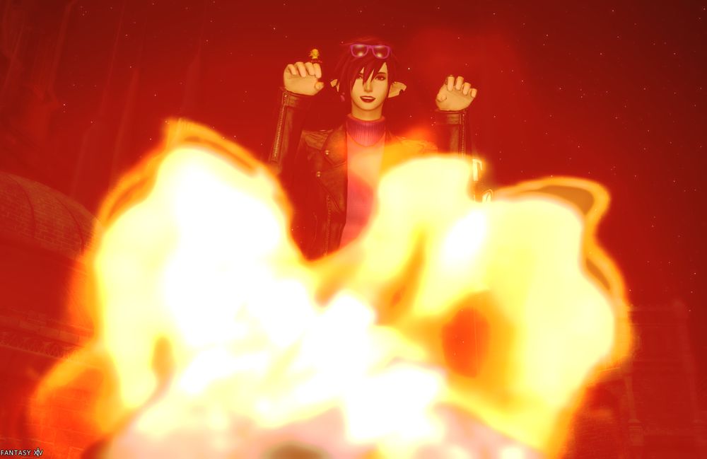 Arcania, my Final Fantasy Warrior of Light, looking menacing while standing in front of a fire.