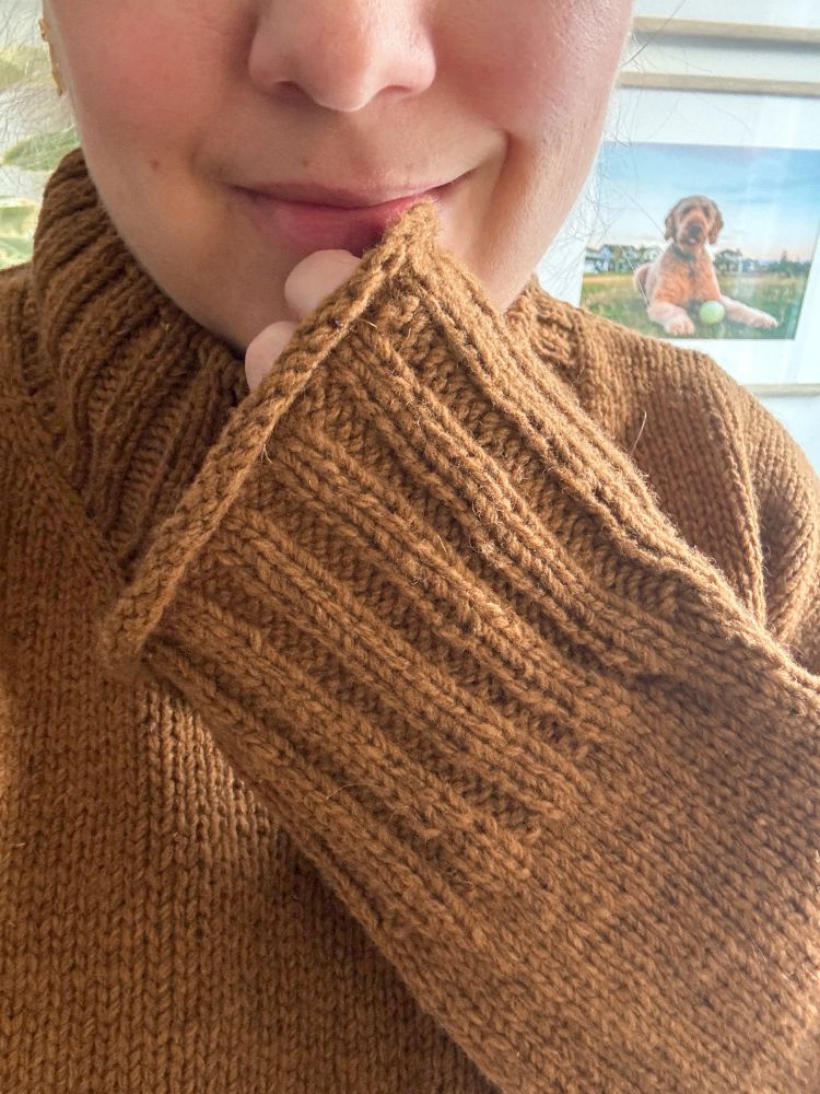 Close up Selfie of woman in brown knit sweater with hand in front of chin.