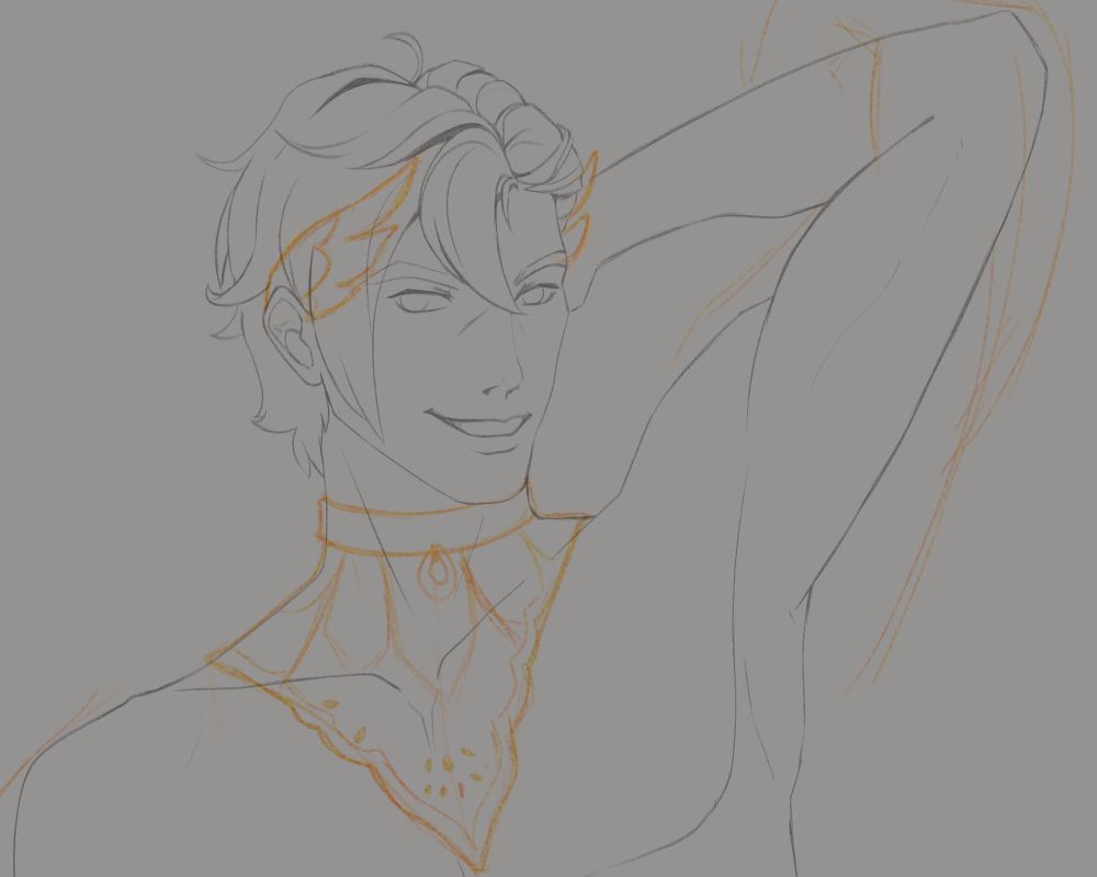 sketch of a man wearing a wing-shaped laurel and a chocker with lace