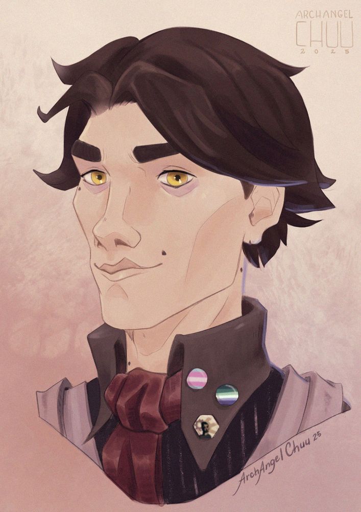 Character Viktor from Arcane, as a bust, wearing the trans flag pin, a MLM gay pin and the Man of Progres Arcane pin. 