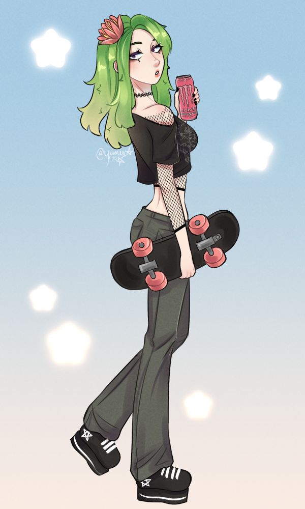 full body drawing of minirop's oc, cactus. she is turned to the side, looking back at the viewer. she's holding a skateboard in her right hand & a monster energy in her left.