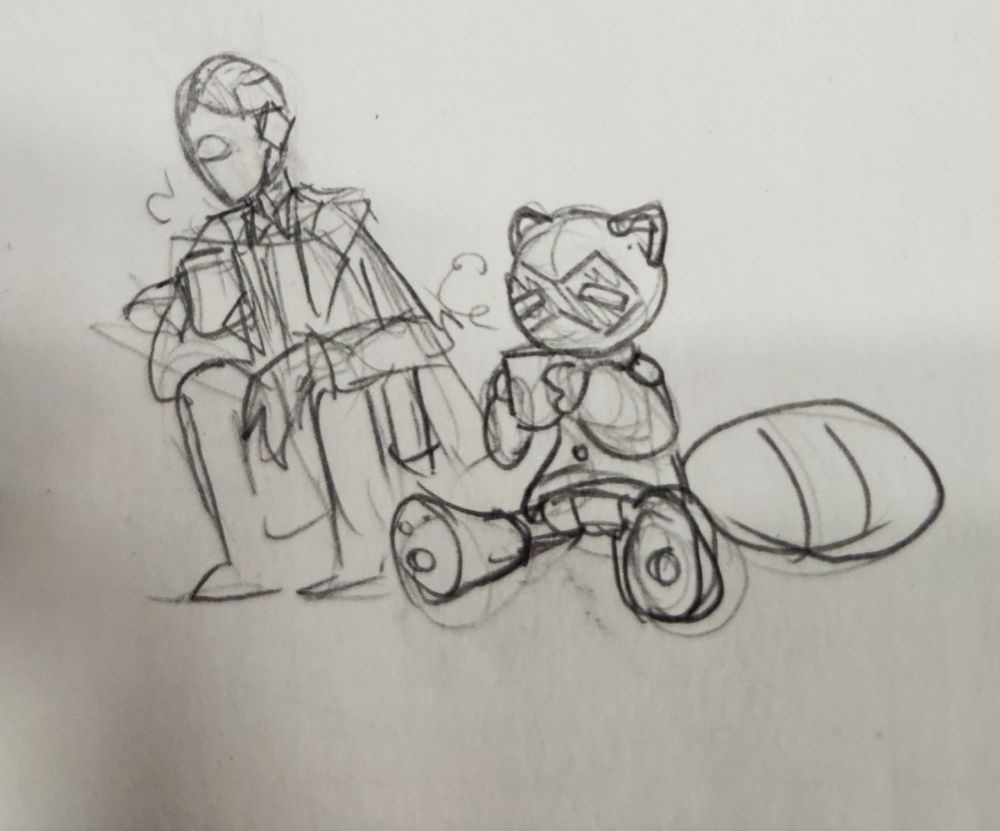 pencil sketch of the raccoon robot creature and a masked human figure sitting and drinking coffee 