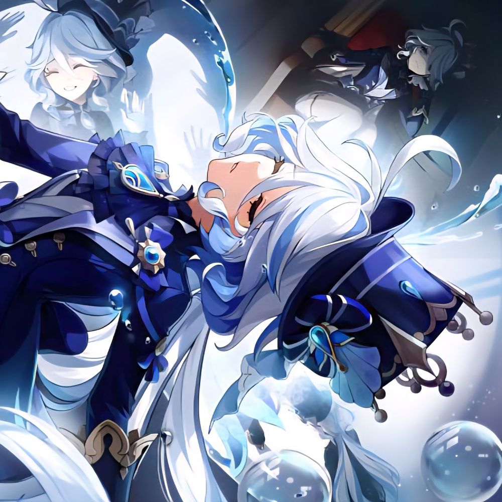 Furina artwork from Masquerade of the Guilty showing many different faces of Furina.