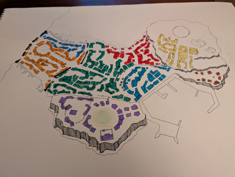 Sketch of a DnD city map with the districts color coded.
