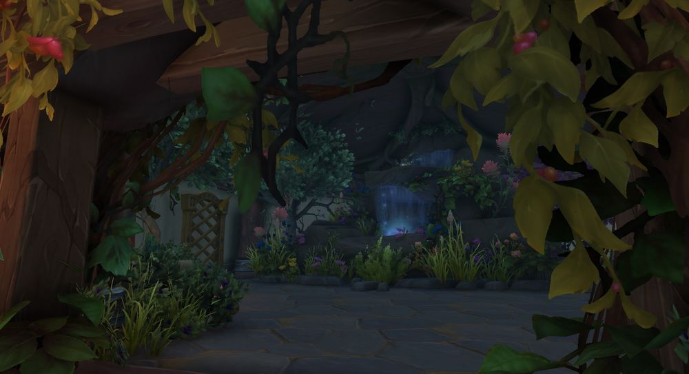 screen shot of one the rooms in my house on world of warcraft, there is a waterfall and lots of greenery
