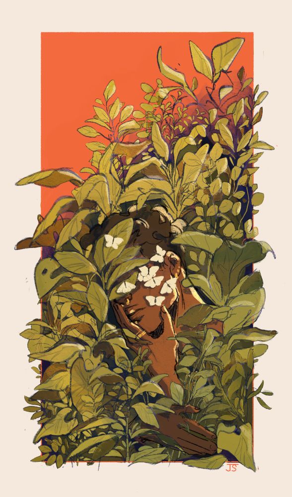 a person wearing gold jewelry is surrounded by green foliage on a bright red background. his face is partially covered by white butterflies and the surrounding plants. one of his hands is placed on his face and the other hand is touching the surrounding plants