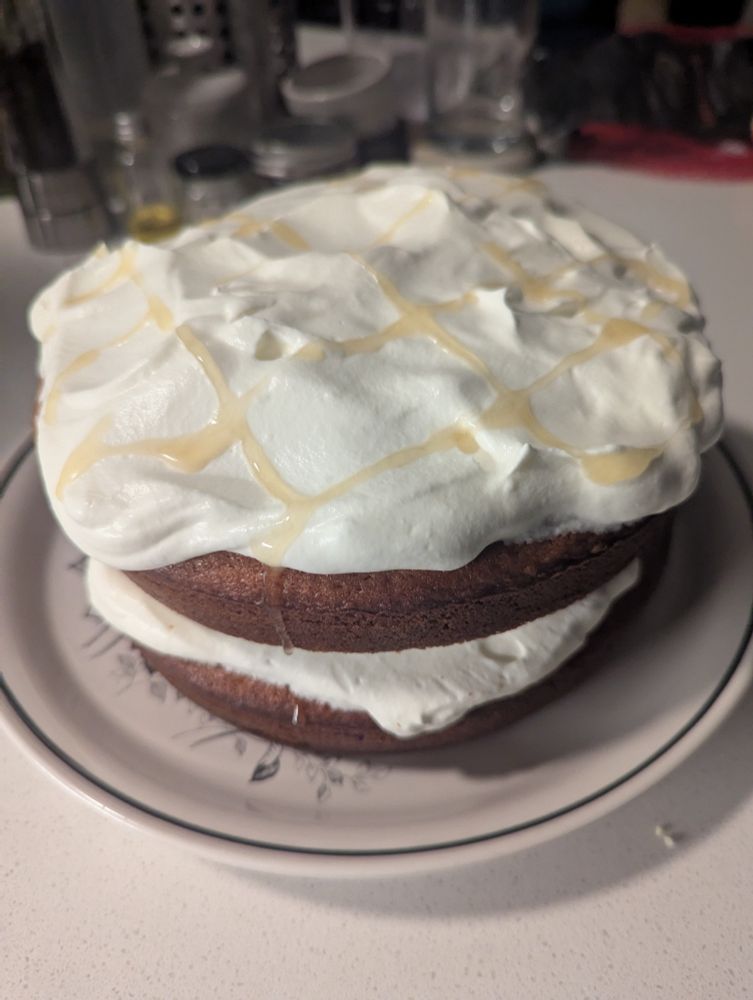 A two tier cake with whipped cream frosting and honey
