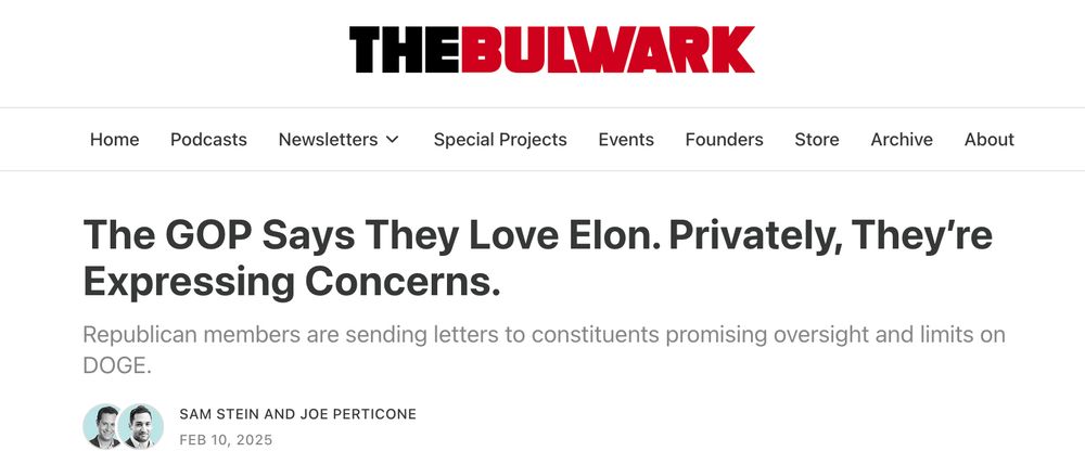 A Bulwark headline about Republican Members of Congress expressing concern about Elon Musk in letters to constituents. 