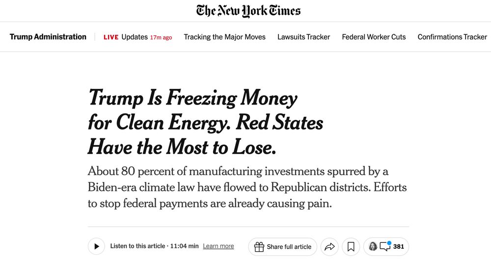 A New York Times headline about how much Red States have to lose when Trump attacks clean energy. 