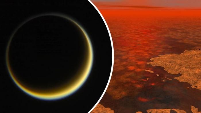 NASA-Aufnahme des Saturnmonds Titan und künstlerische Version der Oberflächenstruktur mit Eis-Inseln und Seen aus Methan.