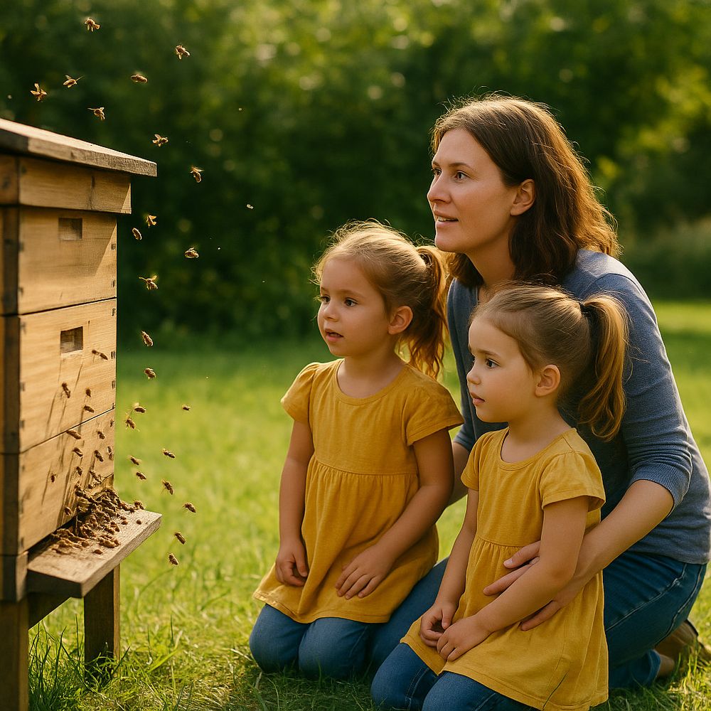Mutter mit Zwillingstöchtern beobachtet Bienenschwestern am Bienenstock.