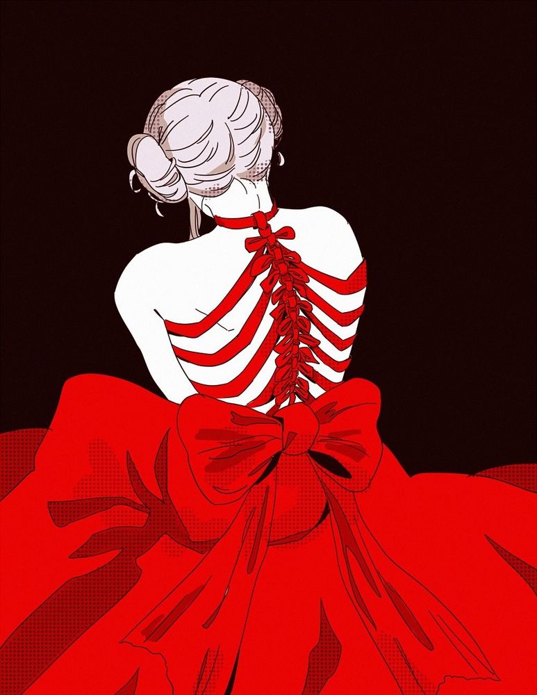 back view of edelgard in a red dress