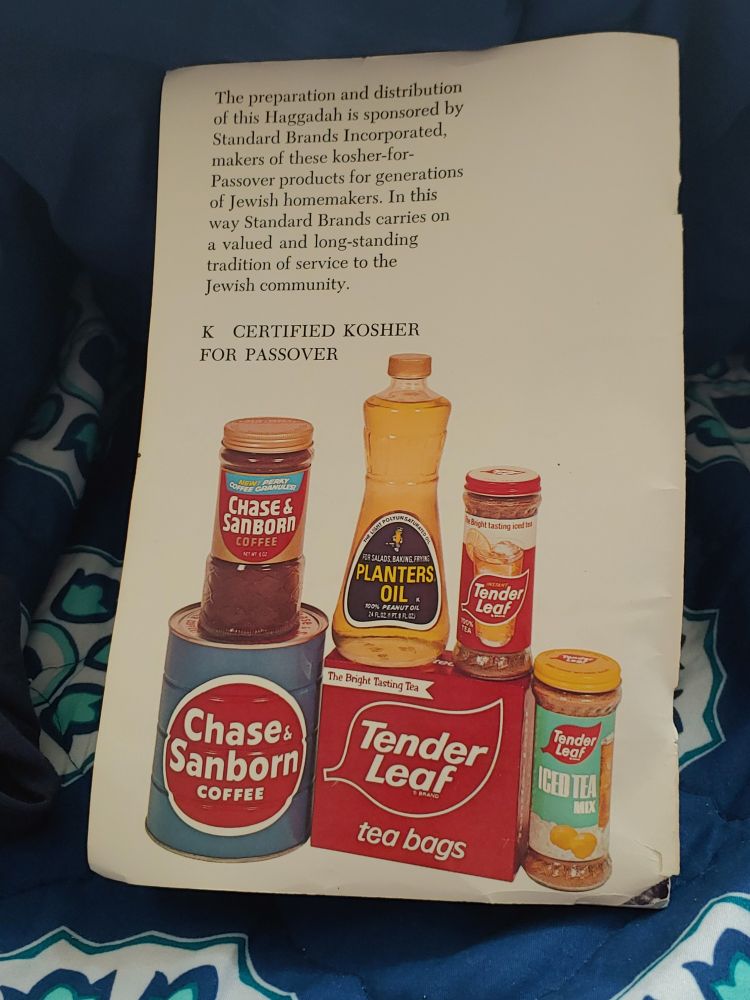 Various products (tea, cooking oil, etc) in a Haggadah.