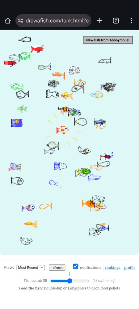 Screenshot of draw a fish app after you let the fish swim. My fish is orange/red and has a cute black eye with a white highlight.