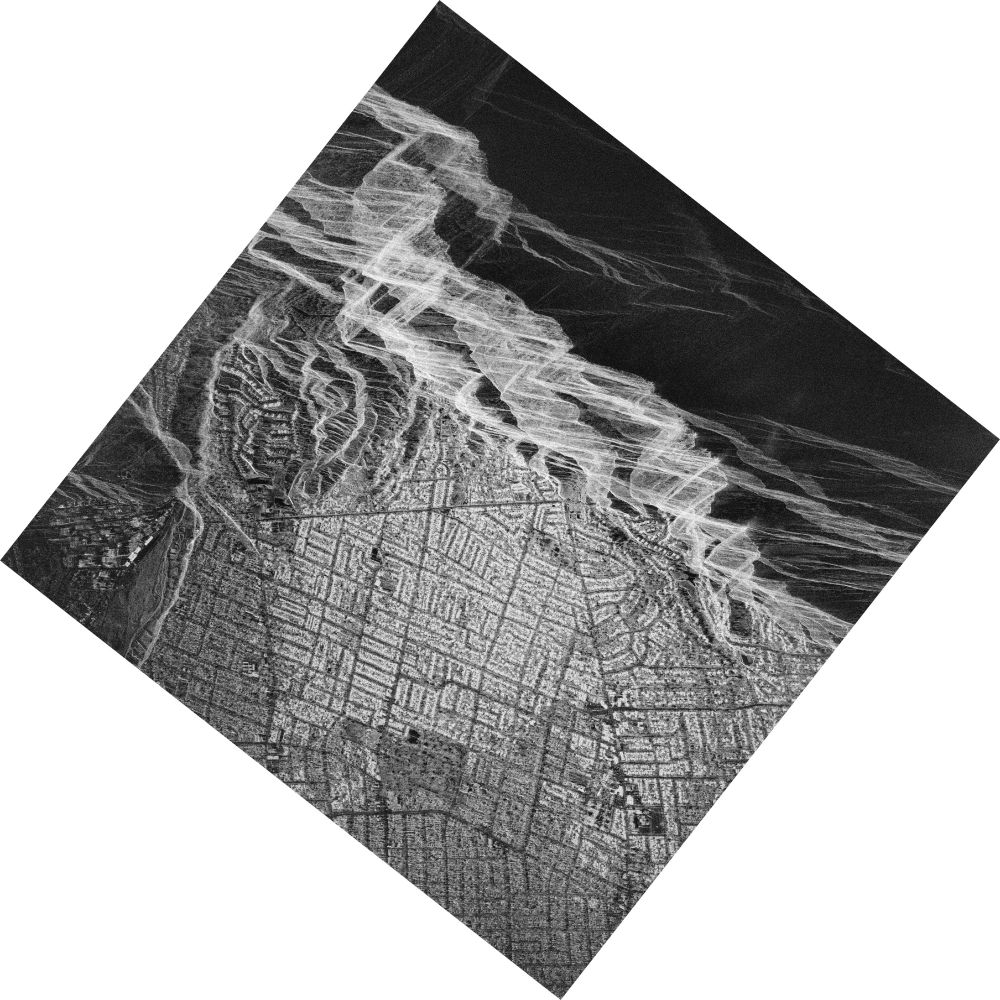 Grayscale Synthetic Aperture Radar image of Altadena, California. Brightness indicates strength of the returned signal.