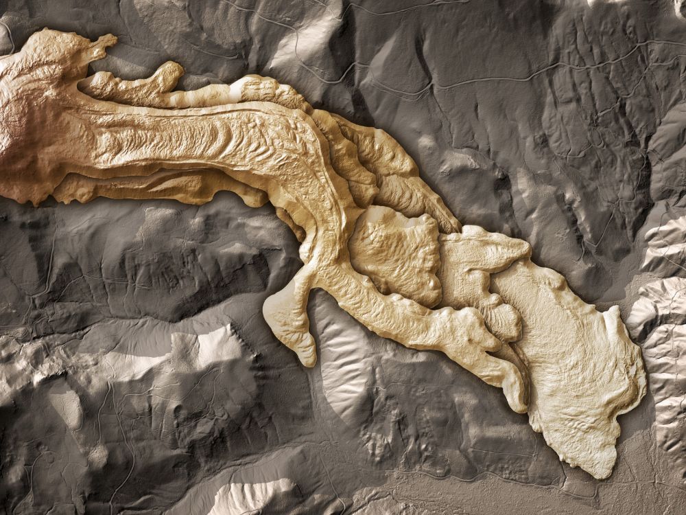 Colorized hill shaded map of the Lava Flows from West Crater in Skamania County. This volcano most recently erupted lava about 8,000 years ago. The colors (and additional shading) highlight the lava flows and show how they are superimposed on one another.

Image by Daniel E. Coe, Washington Geological Survey