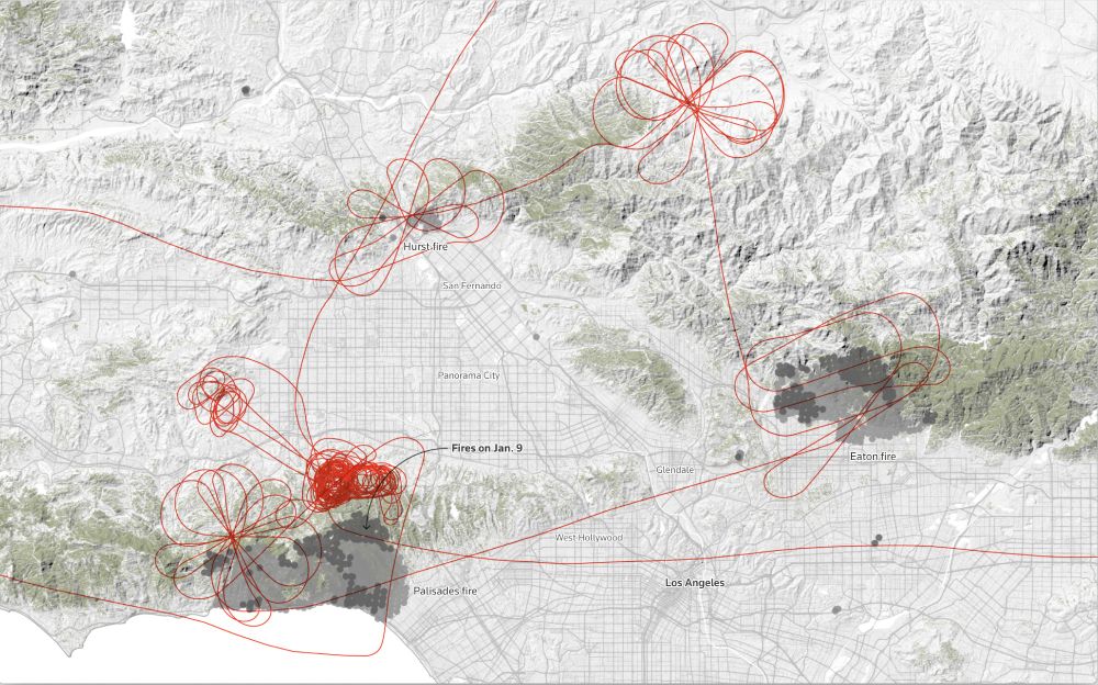 Map of flight paths around the Los Angeles fires. Flight paths are indicated by red lines, roads by gray lines, forested areas with muted green, and active fires with dark gray dots. The map is accented by hill shading.