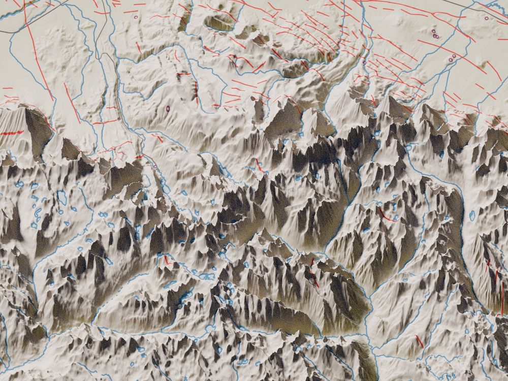 Crop of a plan oblique map/3D render with excessive vertical exaggeration.