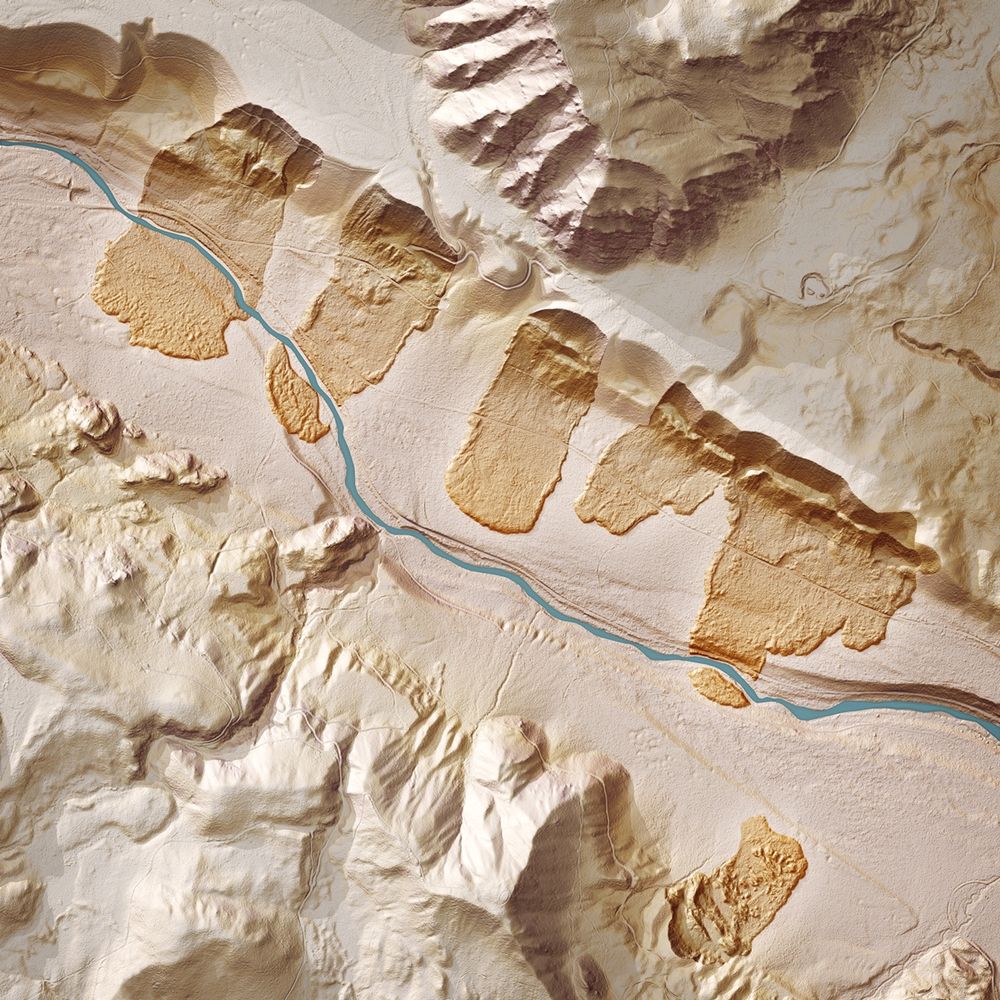 Colorized hill shaded image of long-runout landslides in the Cedar River Valley revealed by lidar. The color highlights the landslides, revealing there relationship to the river and valley walls.

Image by Daniel E. Coe, Washington Geological Survey