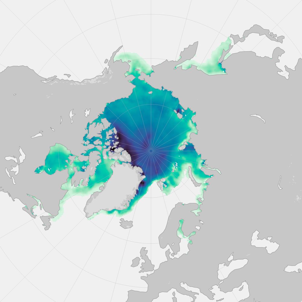 North pole view of Arctic sea ice thickness from March 8–15 2024, measured by SMOS & Cryosat-2. Thickness ranges from 0.04 (light green) to 4 meters thick (dark blue). The thickest ice is concentrated along the coast of Arctic Canada and Greenland.