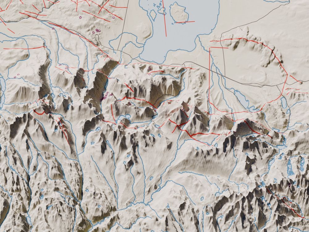 Plan oblique map/3D render with fault lines pixelated and smeared by the extruded landscape.