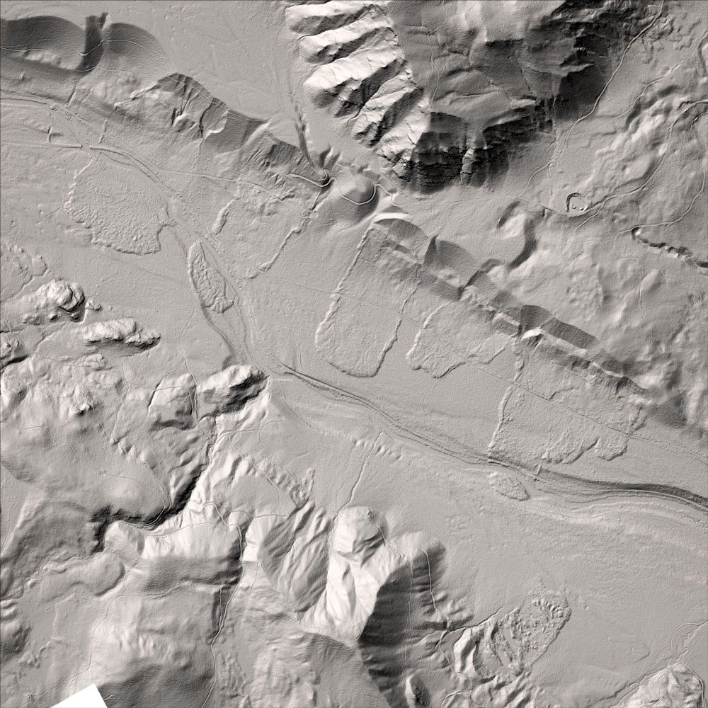Plain hill shaded image of long-runout landslides in the Cedar River Valley revealed by lidar. These forested landslides are not visible in aerial photographs, but become apparent when viewed with bare-earth lidar.

Image by Daniel E. Coe, Washington Geological Survey
