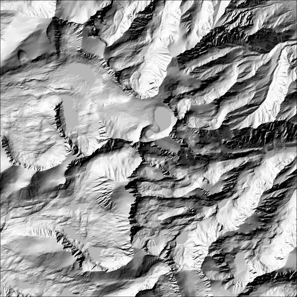 Shaded relief of a mountainous landscape with rugged slopes using the Horn algorithm from 10 meter per pixel data in the High Sierra. It is visually indistinguishable from shaded relief calculated with the ZevenbergenThorne algorithm.