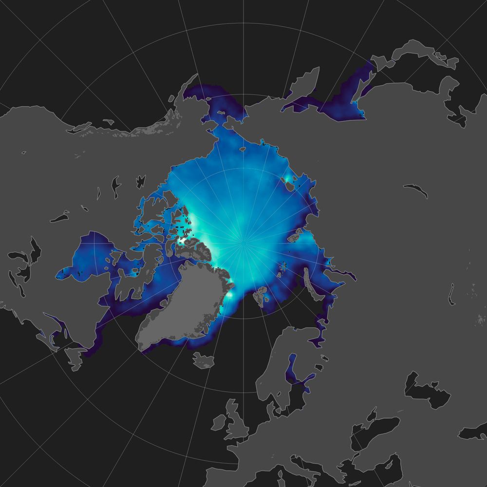 North pole view of Arctic sea ice thickness from March 8–15 2024, measured by SMOS & Cryosat-2. Thickness ranges from 0.04 (dark blue) to 4 meters thick (light green). The thickest ice is concentrated along the coast of Arctic Canada and Greenland.