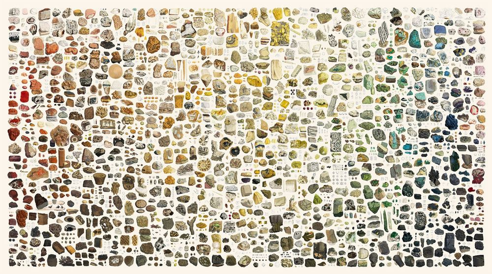 Published between 1802 and 1817, British Mineralogy and Exotic Mineralogy comprise 718 illustrations by James Sowerby in an effort to illustrate the topographical mineralogy of Great Britain and minerals not then known to it. Sowerby’s plates are some of the finest examples of hand-drawn mineral illustrations ever created. The detail and care with which these illustrations were created is incredible and worthy of close examination.

Most of Sowerby’s 718 illustrations contained multiple drawings, totaling 2,242 individual images which were arranged by color into a large interactive collage and poster celebrating Sowerby’s work.