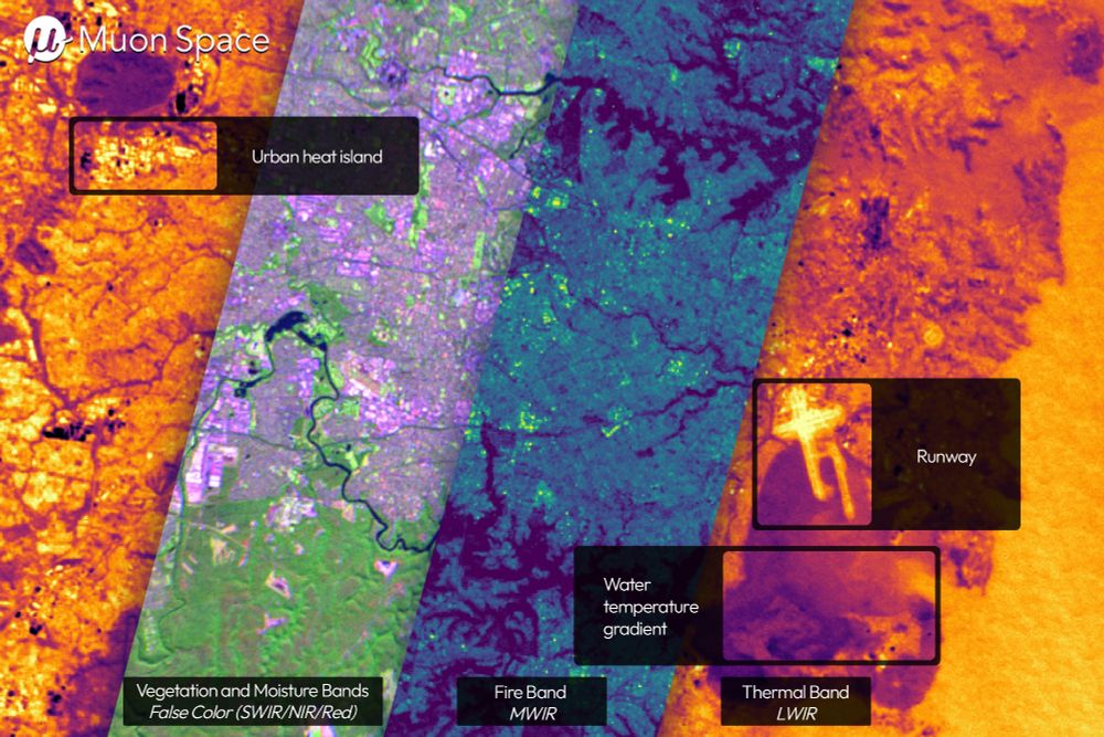 Composite of thermal, midwave, shortwave, and near infrared images of Sydney Australia showing variations in temperature.